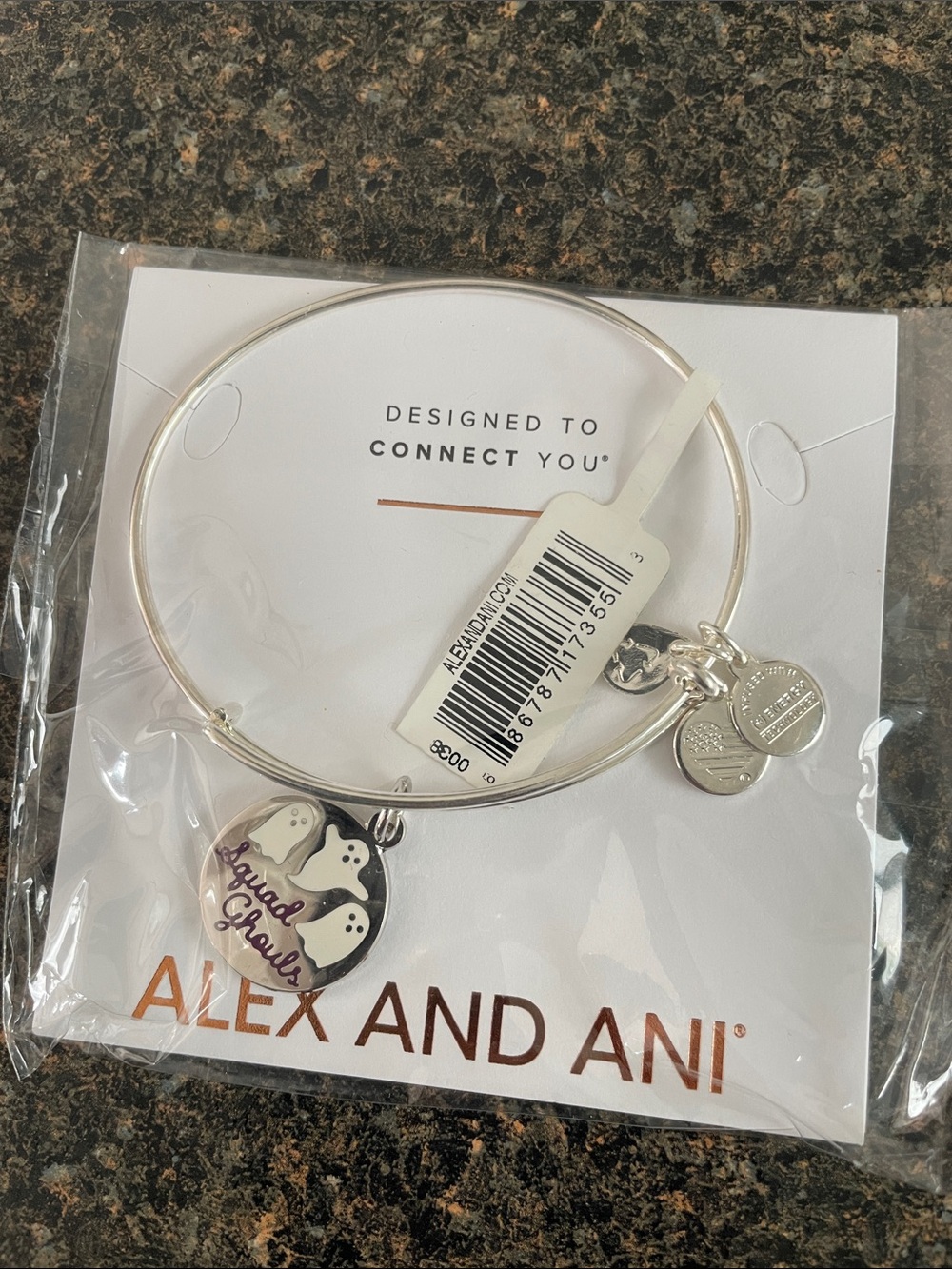 Alex and Ani Silver Ghost Charm Bangle with White and Black Accents